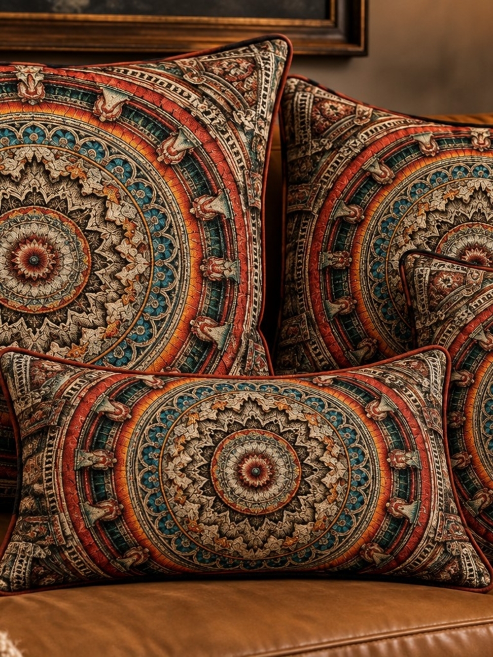 Mandala Accent Pillow in Brown & Blue Like New
